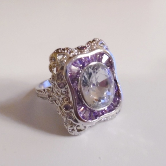 stamped Jewelry - Oval Cz & Baguette Amethyst .925 Ring sz 8